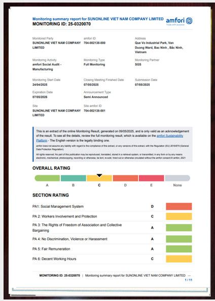 BSCI social responsibility audit summary for SUNONLINE