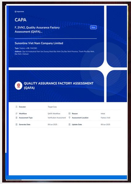 CAPA quality assurance factory assessment summary for Sunonline Viet Nam Company Limited