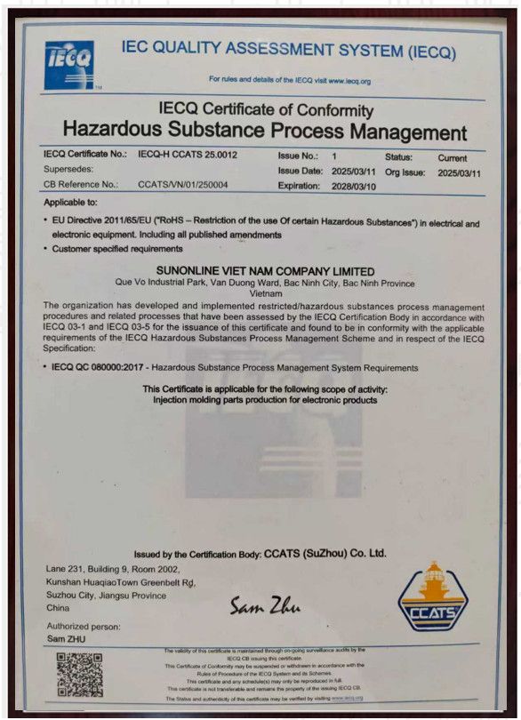 IECQ QC 080000 certificate of conformity for hazardous substance process management