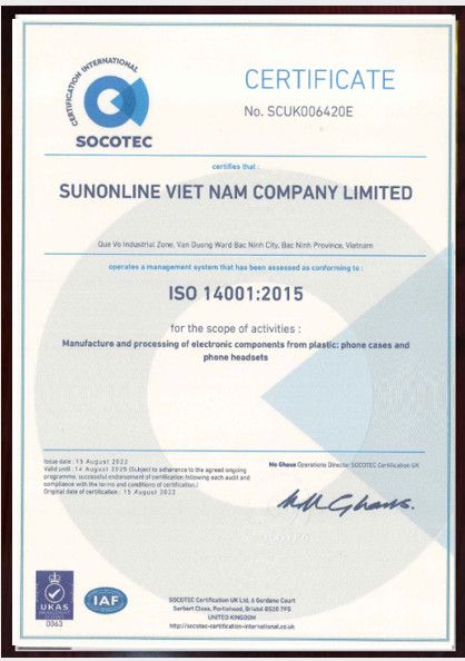 ISO 14001:2015 certificate issued to SUNONLINE VIET NAM COMPANY LIMITED