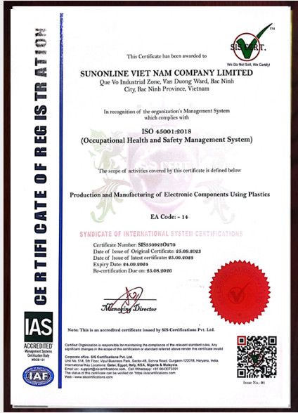 ISO 45001:2018 certificate of registration for SUNONLINE VIET NAM COMPANY LIMITED